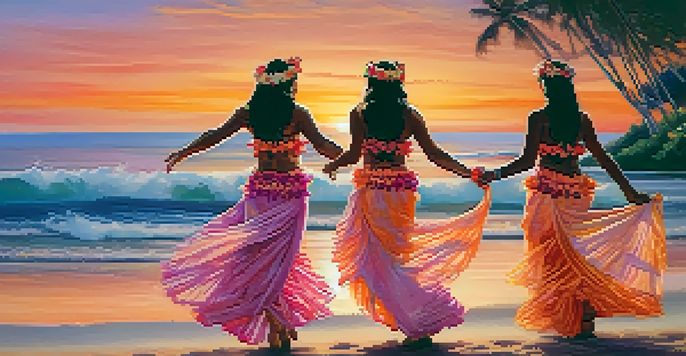 A group of dancers performing Hula on a beach during sunset, with colorful sky and ocean in the background.