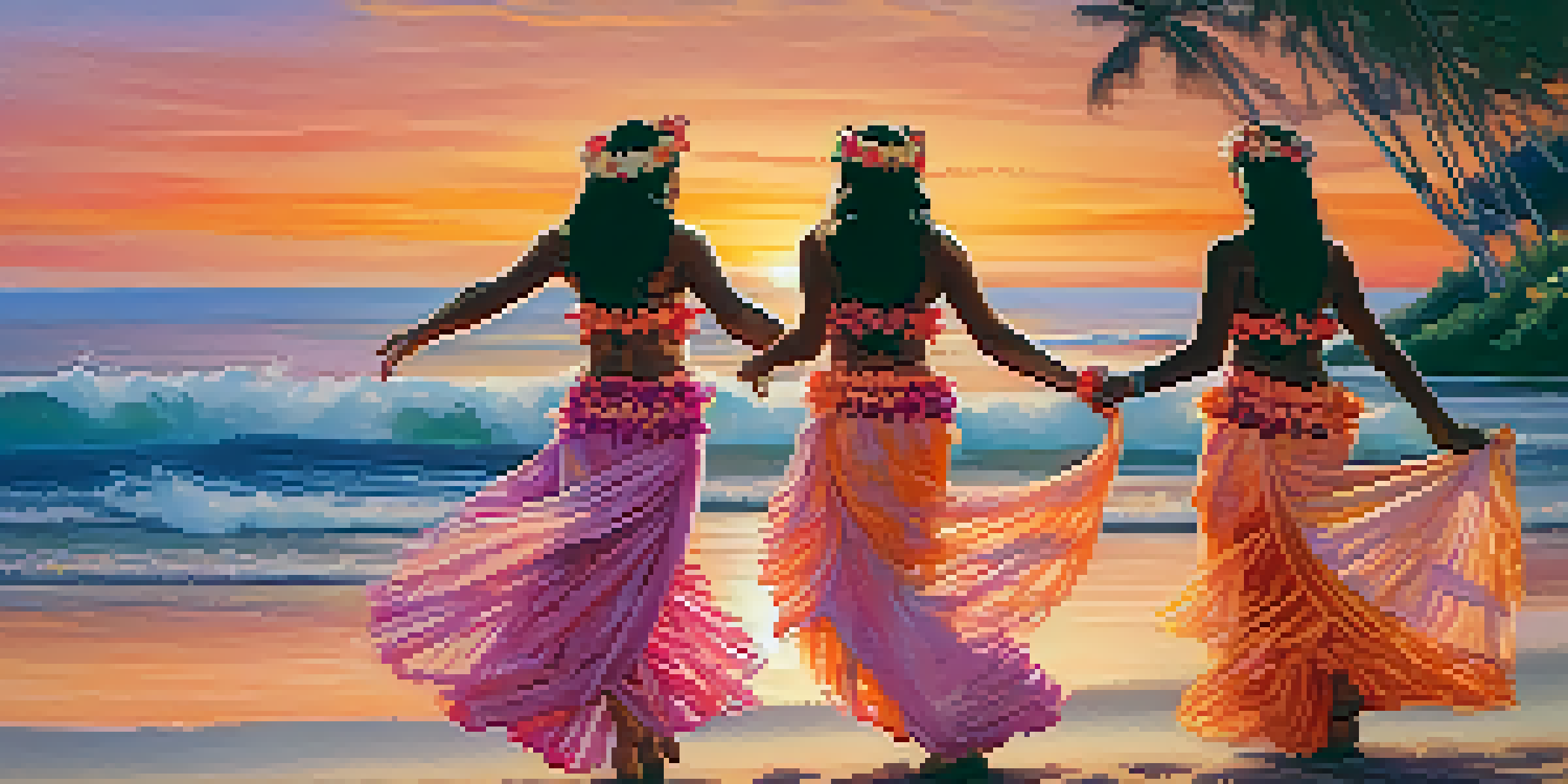 A group of dancers performing Hula on a beach during sunset, with colorful sky and ocean in the background.