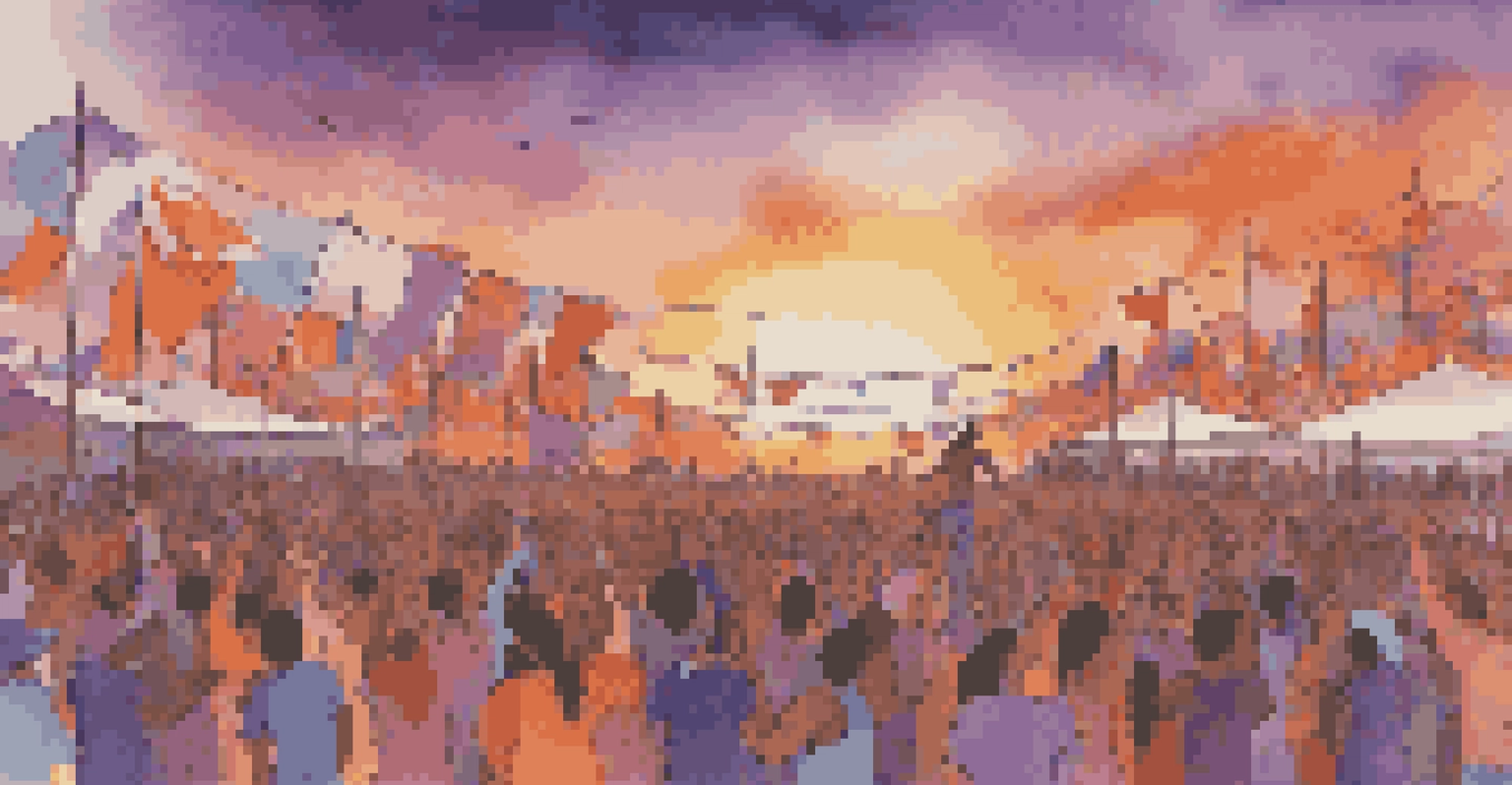 A sunset view of a global music festival with diverse people dancing, surrounded by flags from various countries.