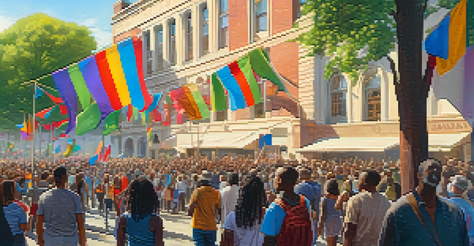 A group of diverse protesters singing together in a sunny street, holding colorful banners with a historic building in the background.
