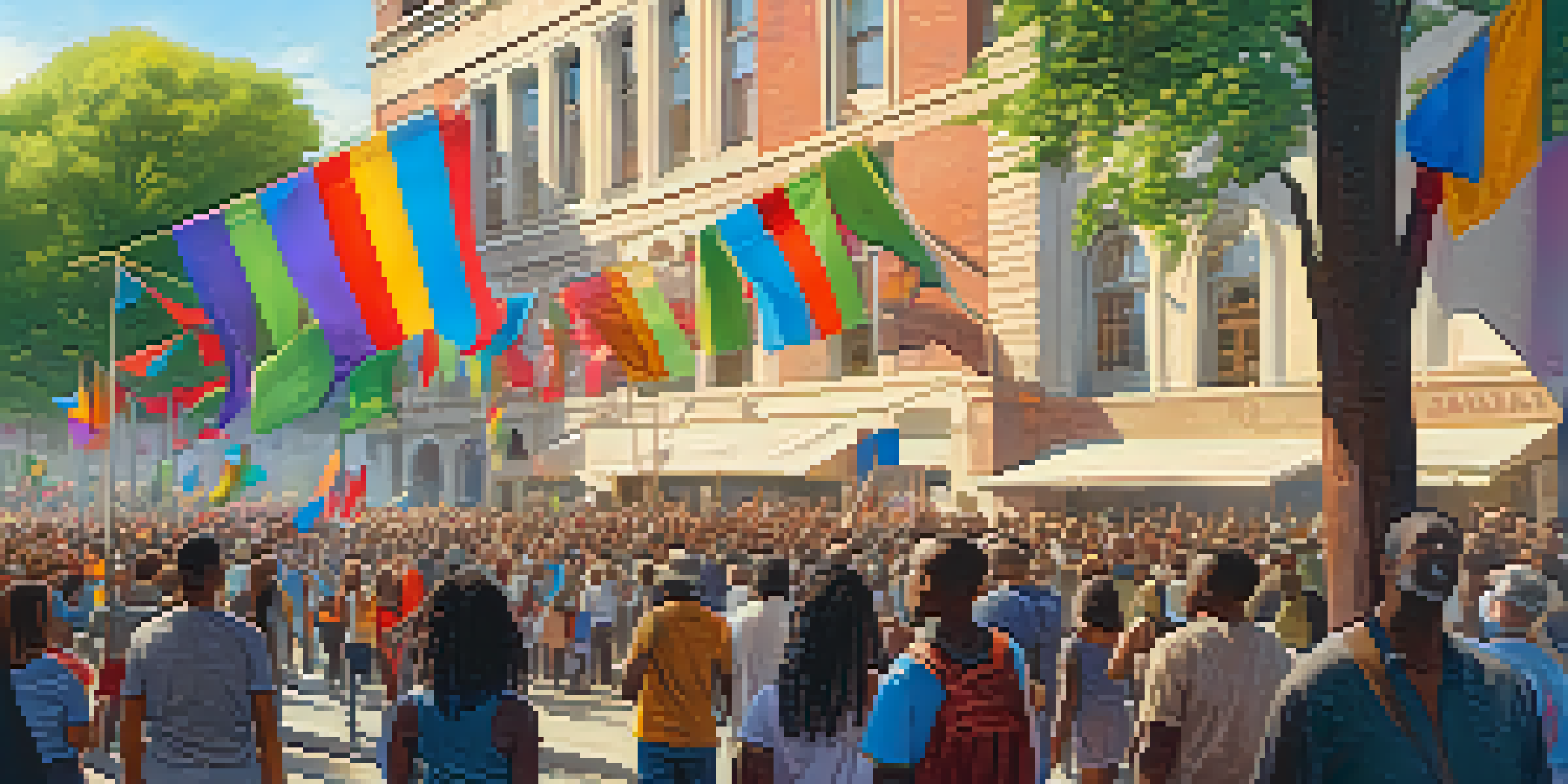 A group of diverse protesters singing together in a sunny street, holding colorful banners with a historic building in the background.