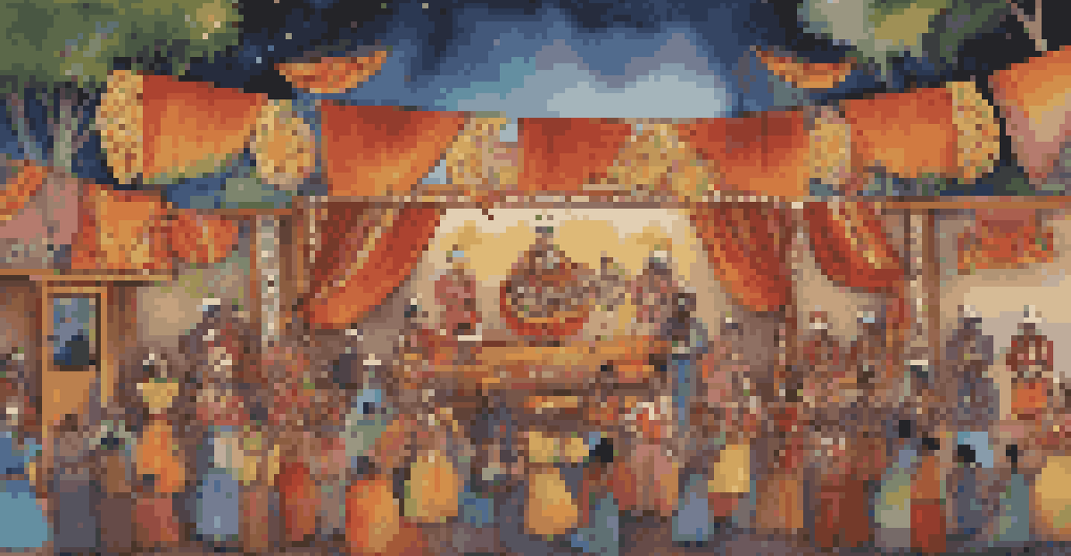 A vibrant cultural festival with musicians performing on stage, blending traditional and contemporary music, under a twilight sky.