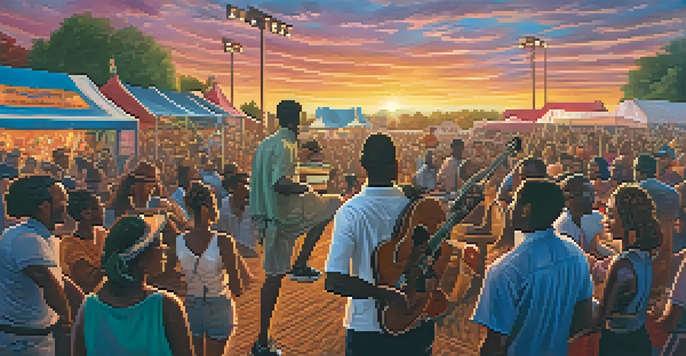 A diverse group of musicians performing at a country music festival with a Black artist playing guitar, surrounded by a lively audience.