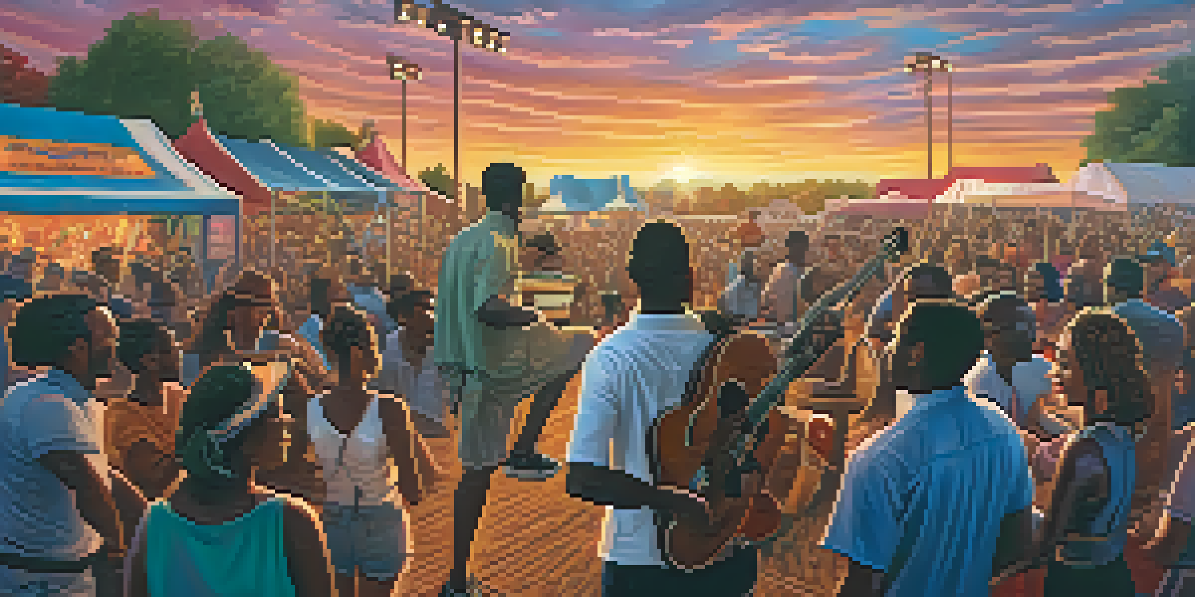 A diverse group of musicians performing at a country music festival with a Black artist playing guitar, surrounded by a lively audience.