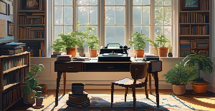 A cozy study room filled with art supplies and books, featuring a record player and plants, illuminated by warm sunlight.