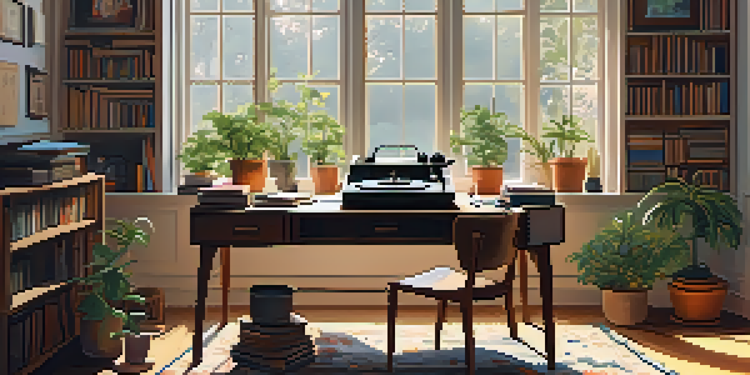 A cozy study room filled with art supplies and books, featuring a record player and plants, illuminated by warm sunlight.