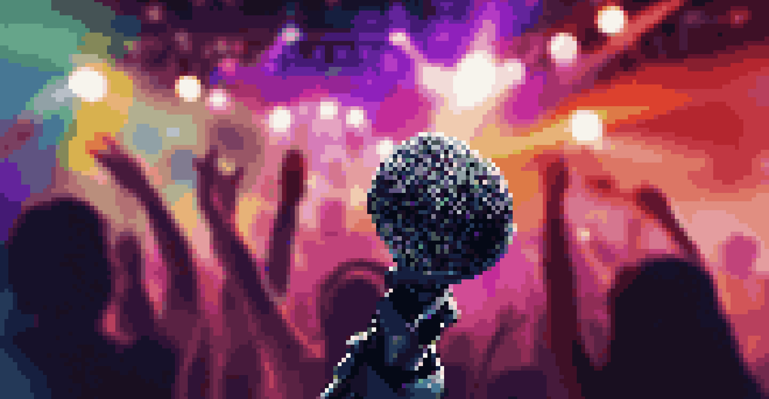 Close-up of a microphone on stage with blurred silhouettes of musicians performing in the background, showcasing vibrant stage lights.