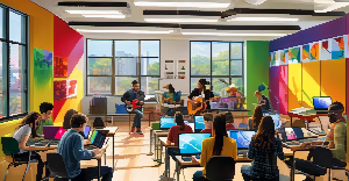 A modern music classroom with students using laptops and digital music software, engaged in music creation and collaboration.