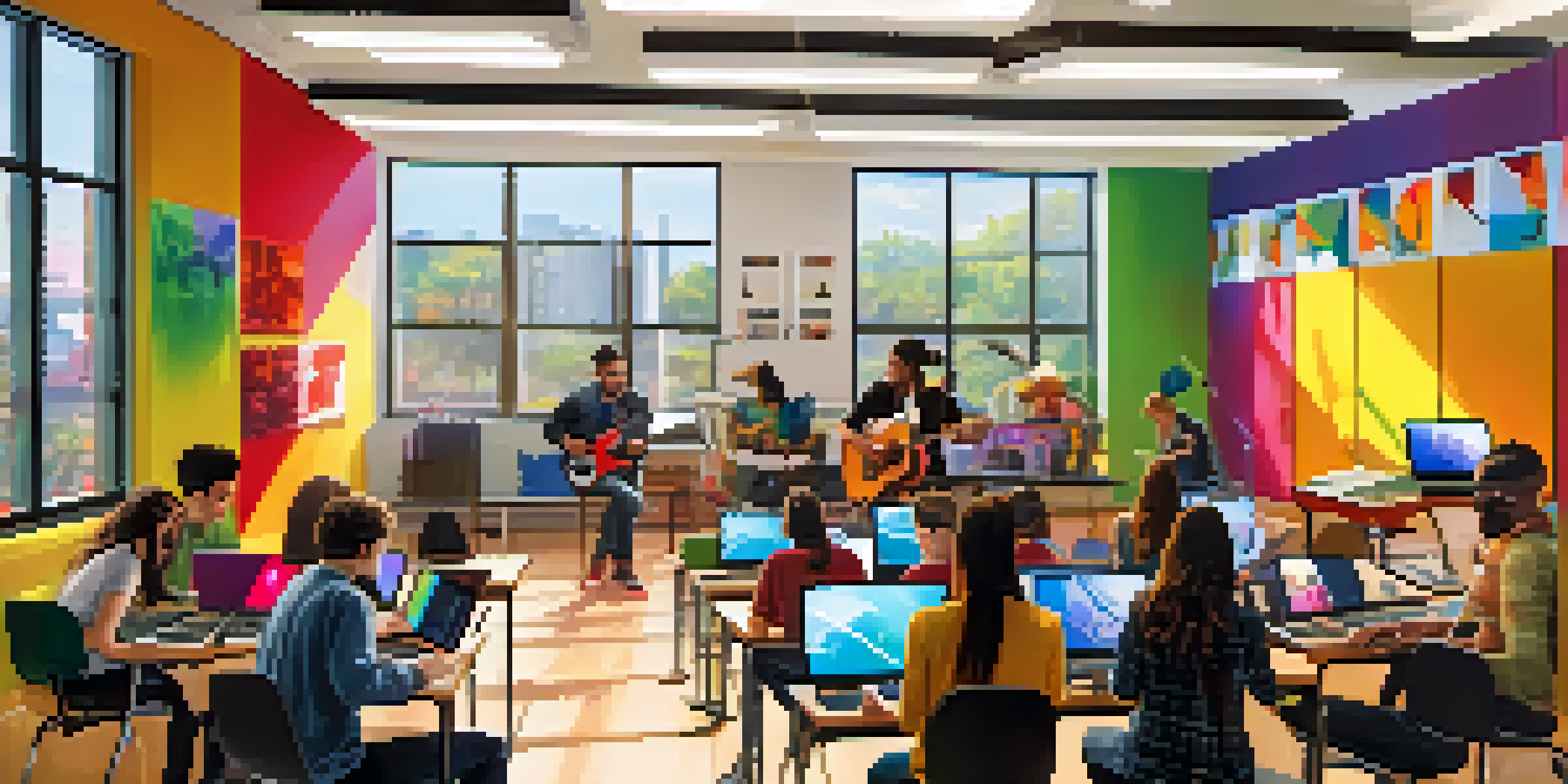 A modern music classroom with students using laptops and digital music software, engaged in music creation and collaboration.