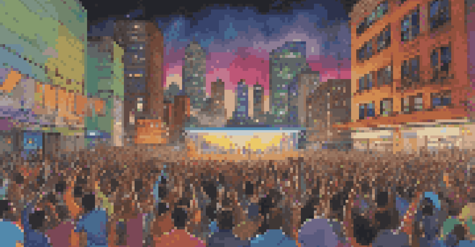 An electric music band performing at night with colorful stage lights and a lively crowd in an urban setting.