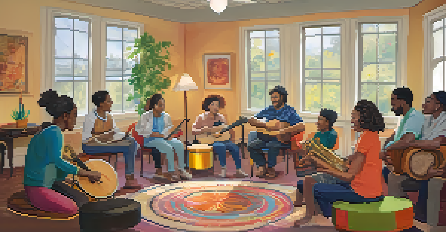 A group of patients participating in a music therapy session, playing instruments in a cozy, colorful room.