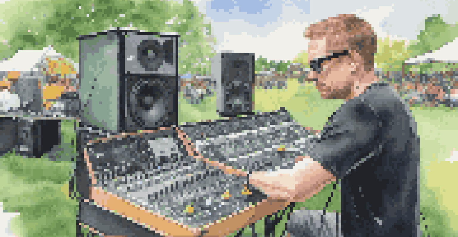 A close-up of a focused sound engineer setting up a weather-resistant sound system surrounded by audio equipment and festival banners.