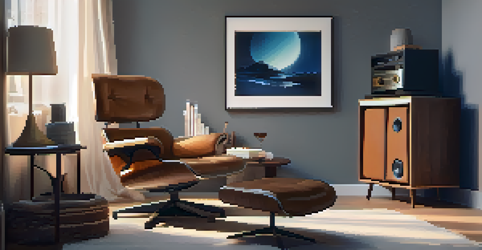 A tranquil study nook with an armchair, a warm blanket, a record player, and soft lighting, ideal for listening to ambient music.