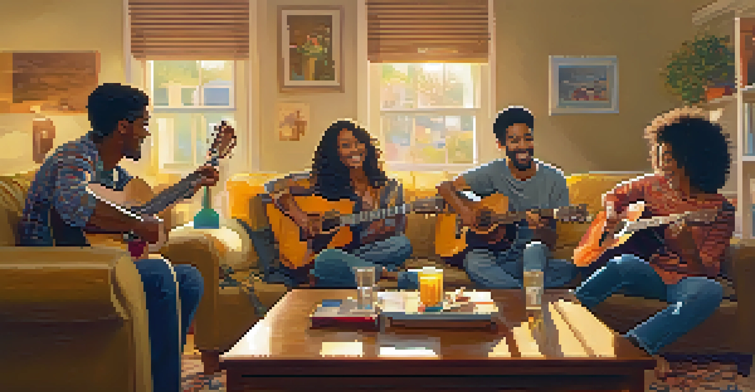 A group of friends enjoying music and laughter in a warm, inviting living room.