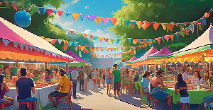 A lively festival with diverse plant-based food stalls, including vegan burgers and sushi, under clear blue skies.