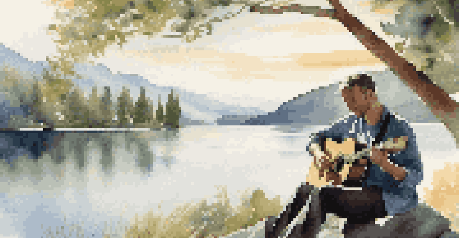 A musician playing an acoustic guitar by a serene lake, surrounded by mountains, with soft sunlight filtering through the trees.
