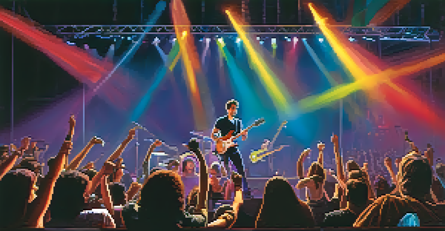 An electric guitarist performing on stage with vibrant lights and an engaged audience, showcasing the energy of live music.