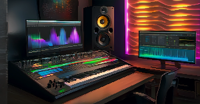 A computer screen showing a digital audio workstation with colorful waveforms and mixing sliders in a cozy studio setting.