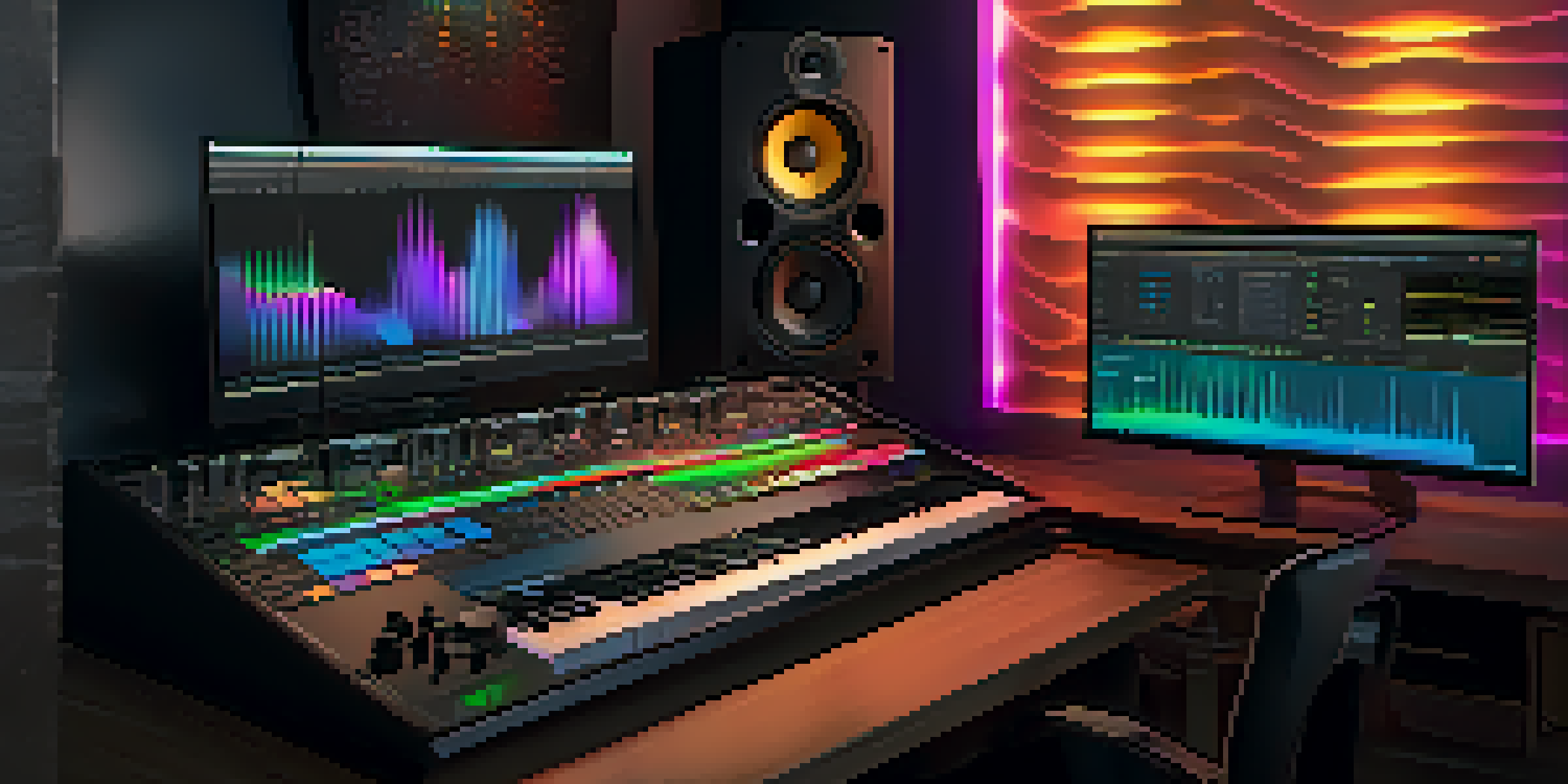 A computer screen showing a digital audio workstation with colorful waveforms and mixing sliders in a cozy studio setting.