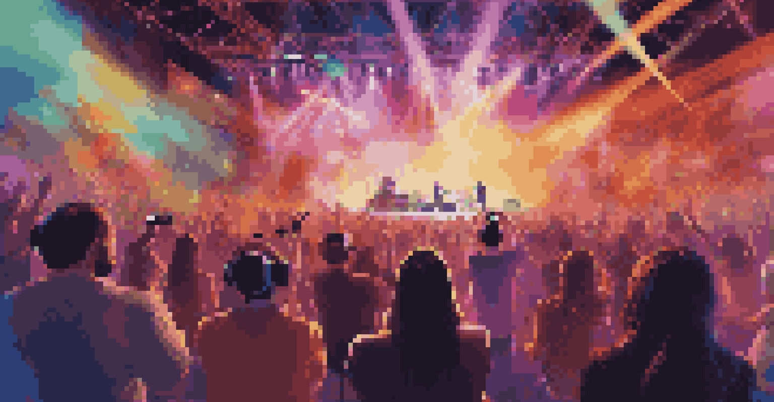 A lively virtual reality concert with a diverse audience enjoying a colorful performance on stage, surrounded by vibrant lights and visual effects.