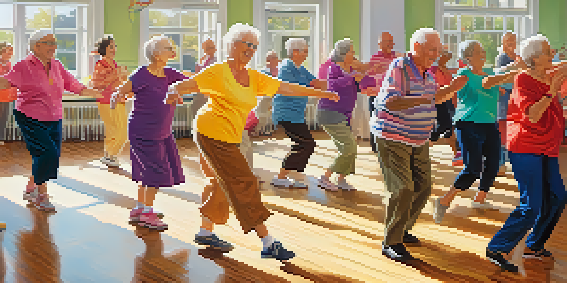 Seniors joyfully dancing in a bright and colorful class, filled with natural light and a lively atmosphere.