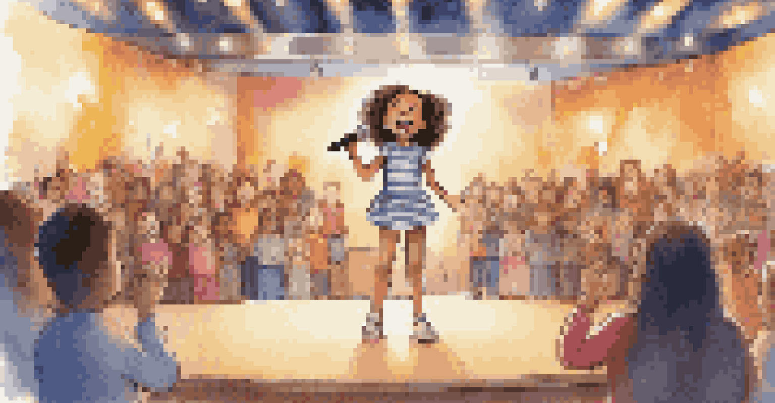 A young girl singing confidently on stage with a supportive audience clapping and smiling.