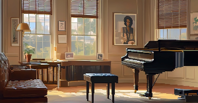 A cozy music studio with a grand piano and a vintage record player, illuminated by soft sunlight.
