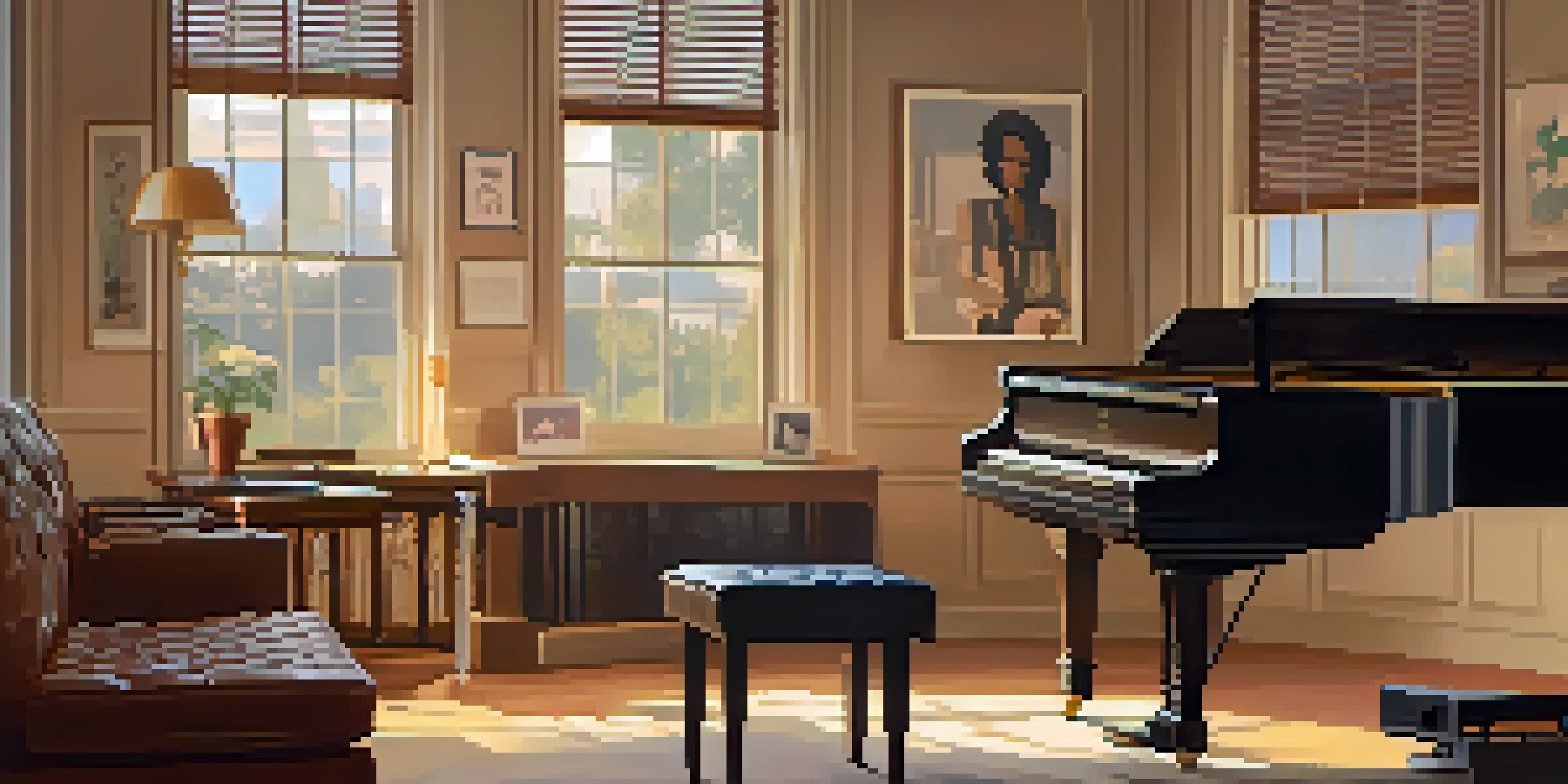 A cozy music studio with a grand piano and a vintage record player, illuminated by soft sunlight.