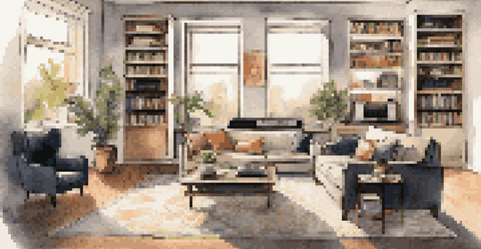 A cozy living room with a high-end audio setup, featuring headphones and a vinyl record player.