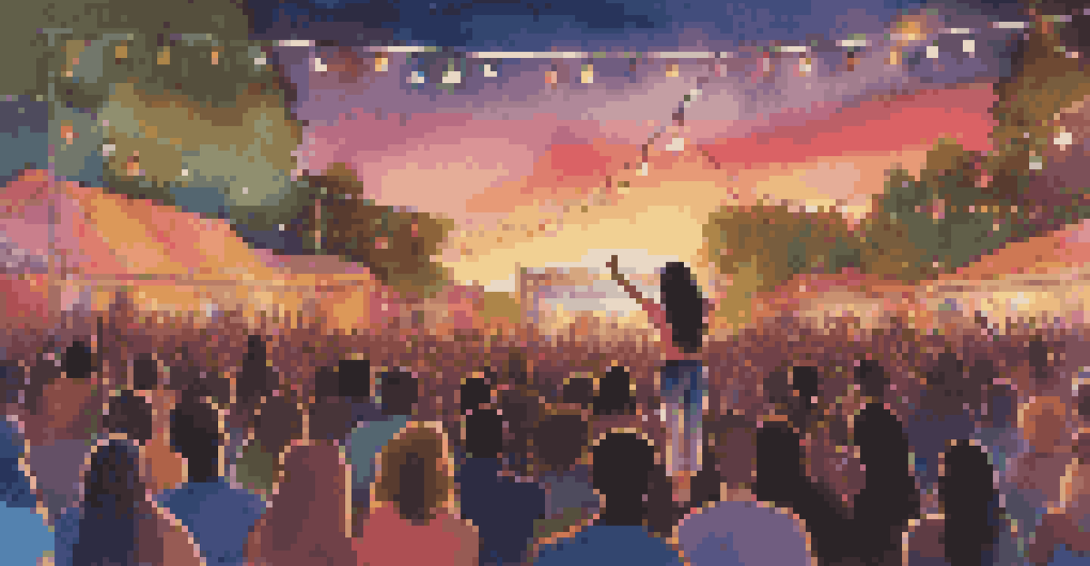 A female artist performing at an outdoor concert with a diverse audience enjoying the music under a colorful sunset.