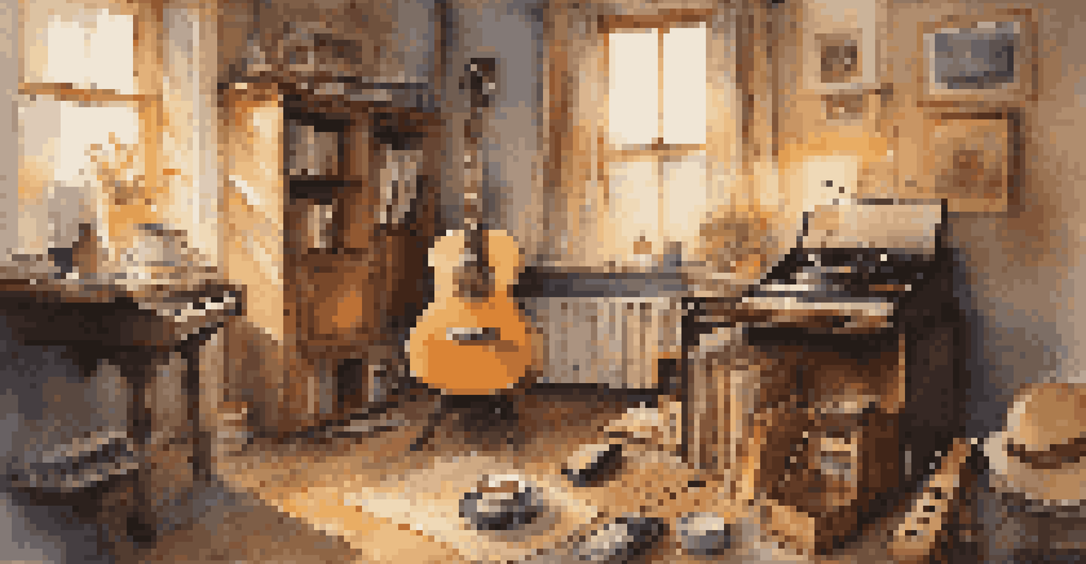 A warm and cozy room with musical instruments like a guitar and a record player, evoking feelings of nostalgia and personal connection to music.