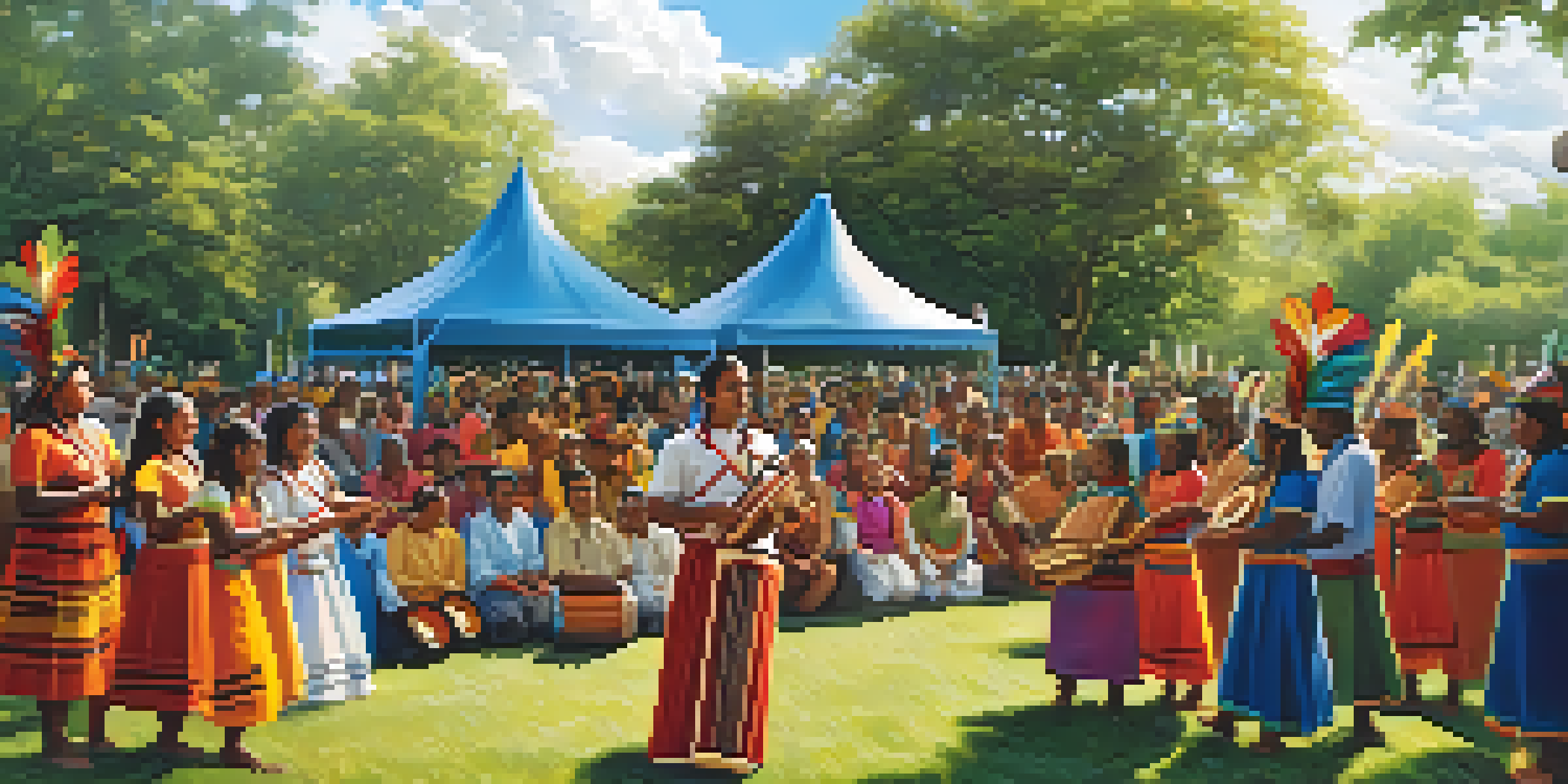A group of indigenous musicians performing in a forest, wearing traditional attire, with community members gathered around them in celebration.