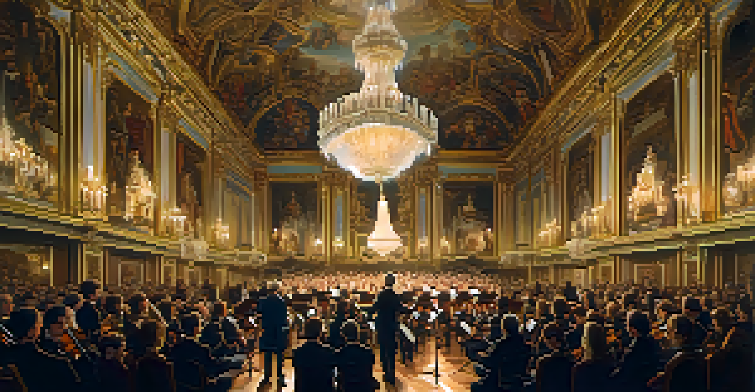 An elegant Baroque concert hall with an orchestra performing, featuring ornate decorations and a chandelier.