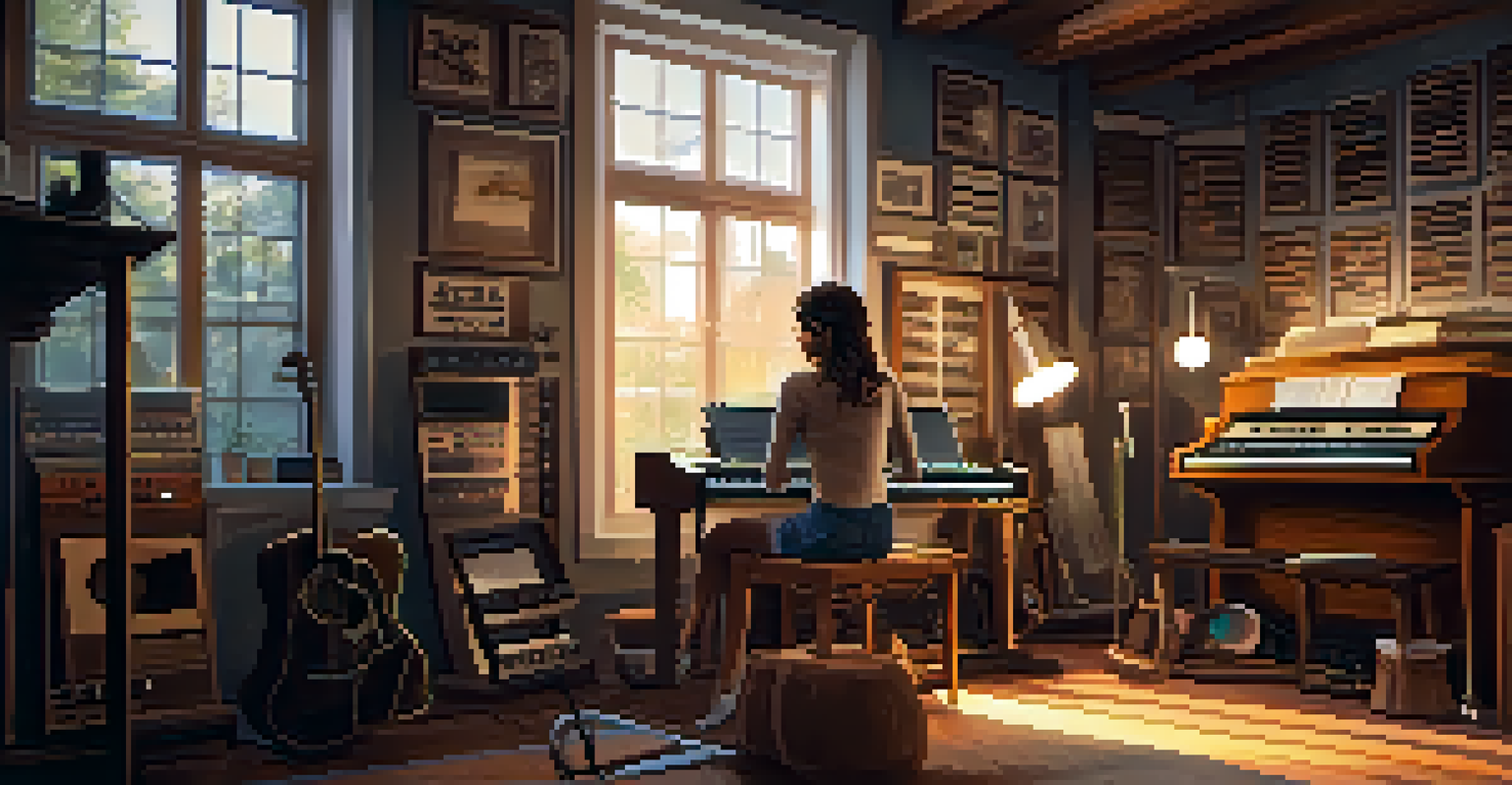 A female musician in a warm, inviting recording studio, writing lyrics and surrounded by musical instruments.