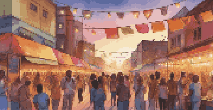 A lively street music festival with diverse artists performing, a crowd dancing, and colorful decorations under a sunset.
