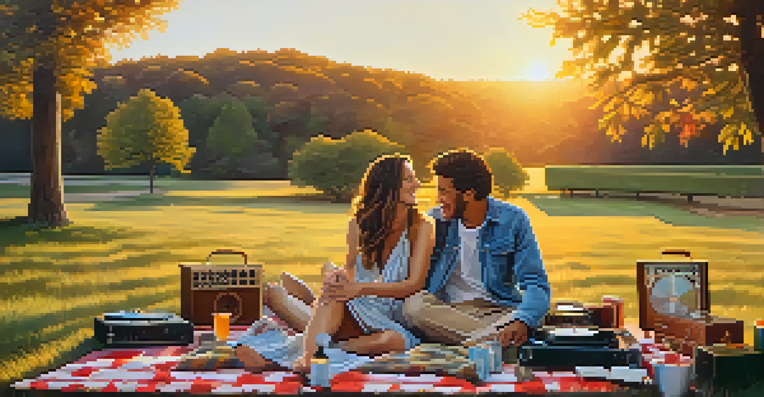 A couple enjoying a romantic picnic with music-themed items during golden hour, surrounded by nature.