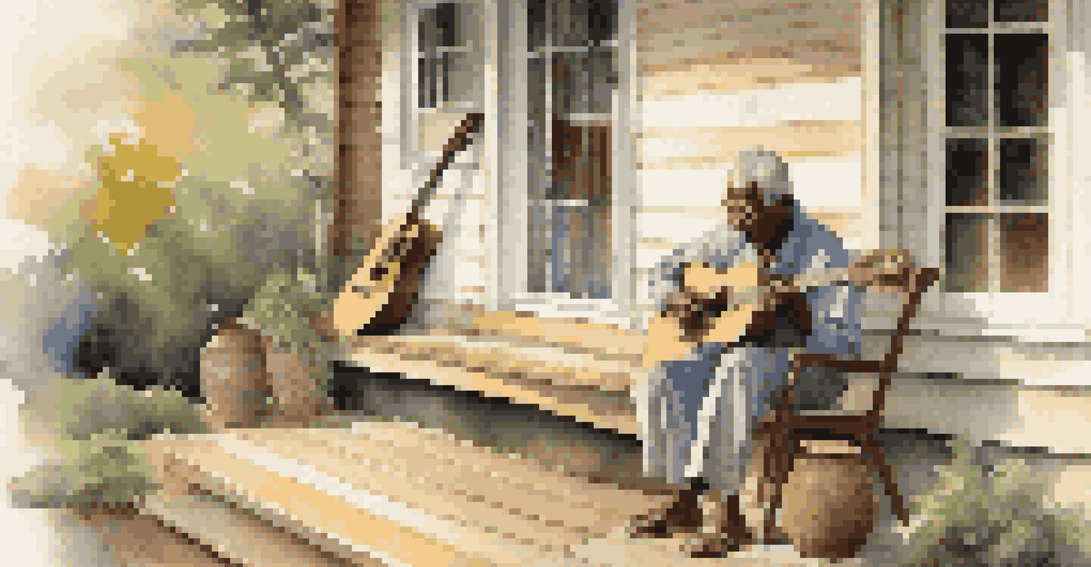 An elder and a child sitting on a porch, with the elder playing a guitar and teaching a song, surrounded by cultural artifacts in a warm evening light.