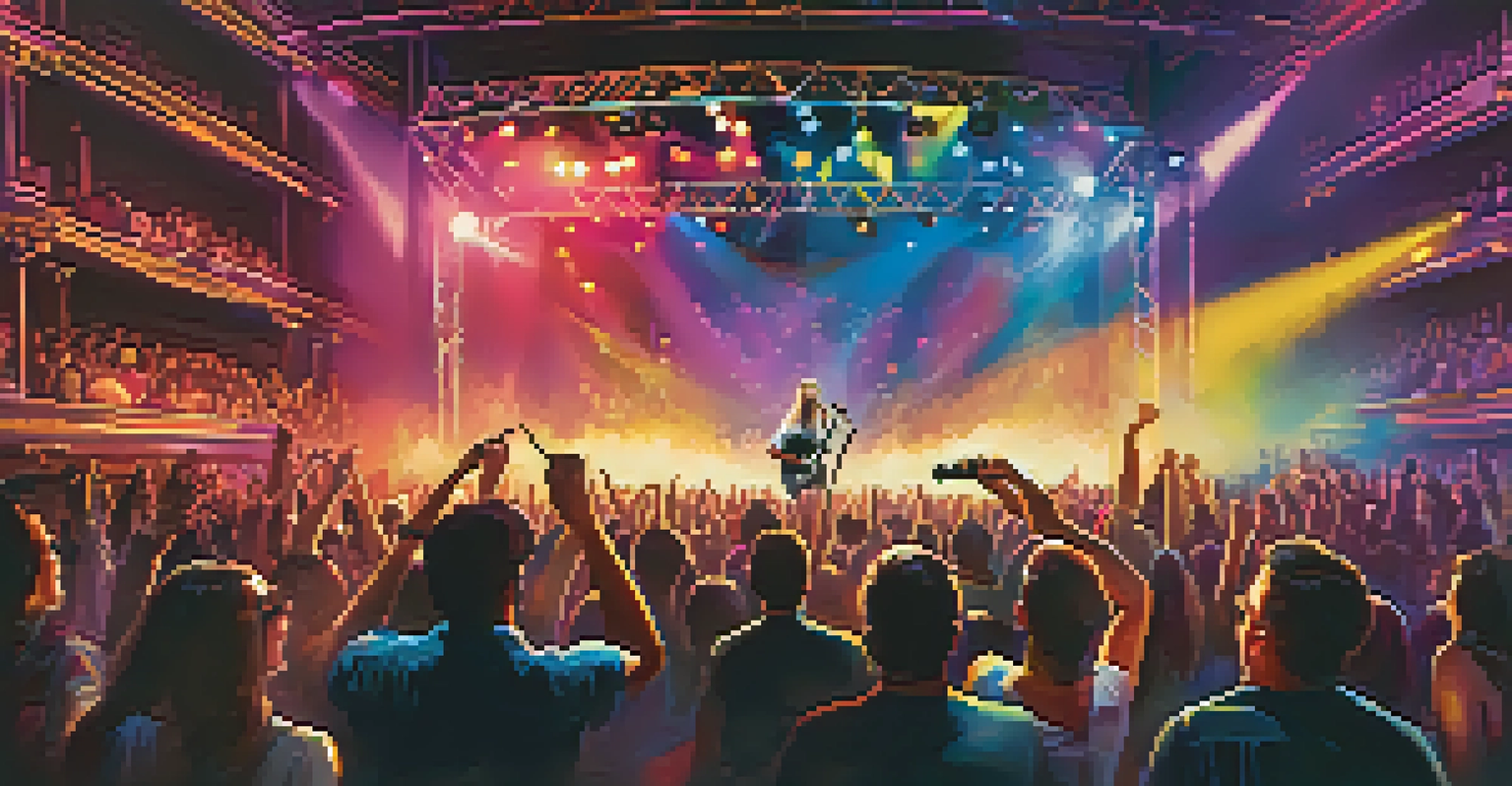 A dynamic live concert scene with an artist performing on stage and an excited audience.