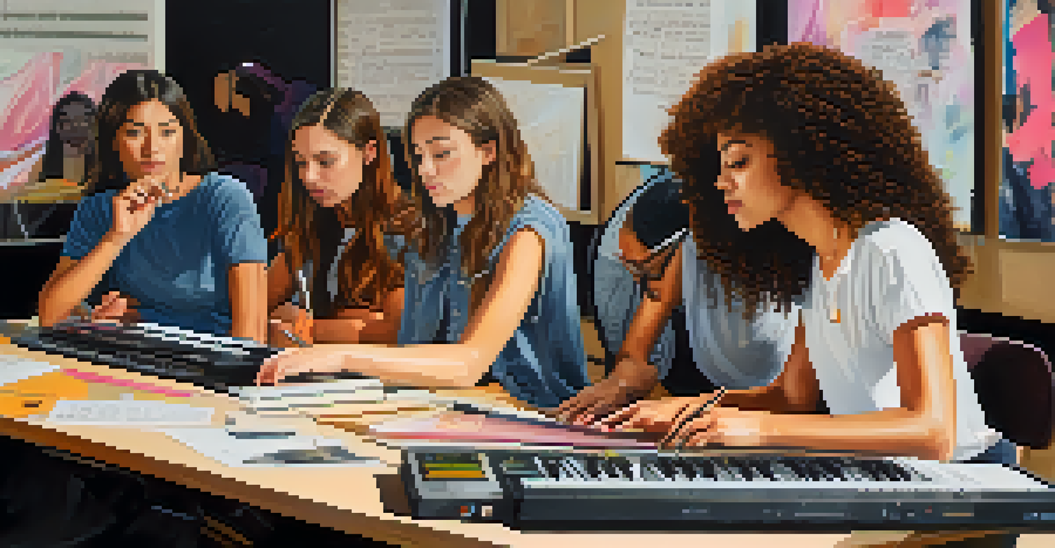 A group of young women in a music production workshop, collaborating and discussing ideas, with empowering posters in the background.