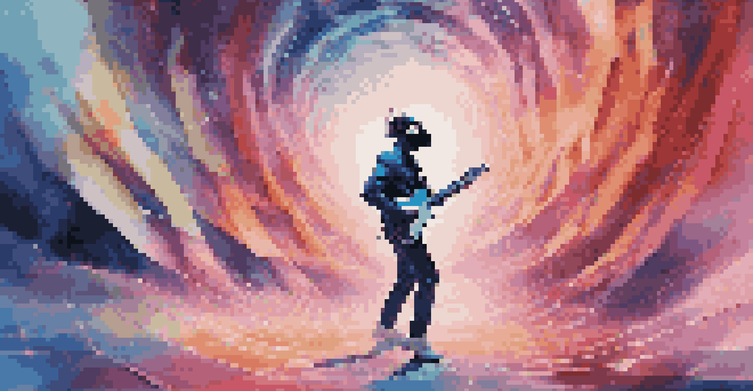 A futuristic music video scene with an artist performing in a vibrant virtual reality setting.