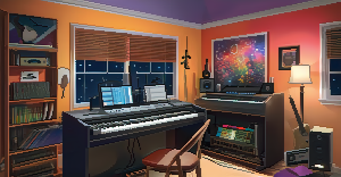 A modern composer in a cozy home studio surrounded by musical instruments and colorful sound wave graphics on the walls.