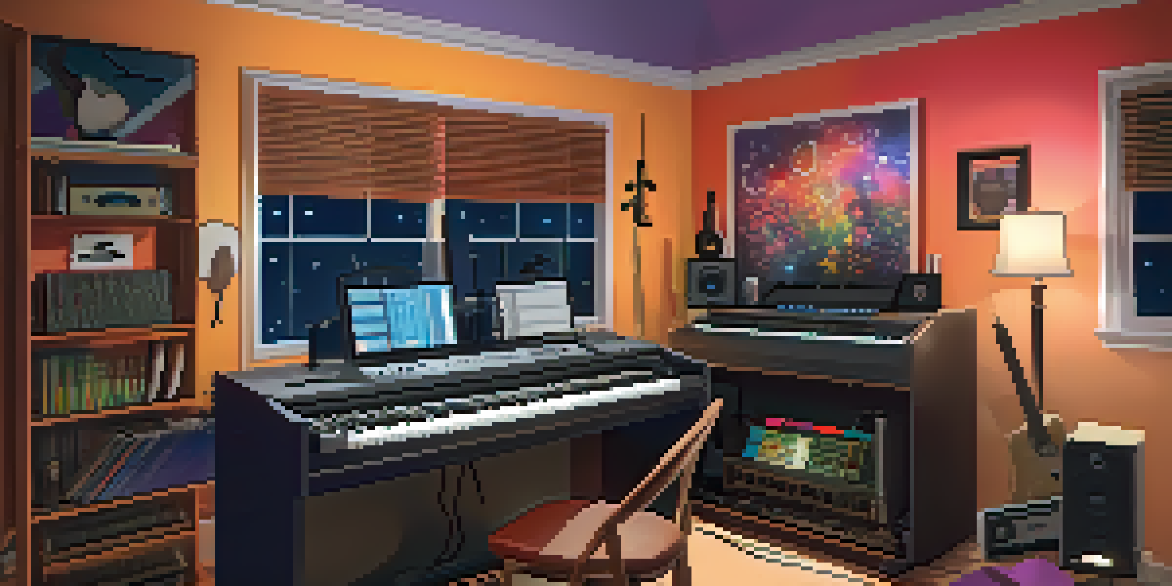 A modern composer in a cozy home studio surrounded by musical instruments and colorful sound wave graphics on the walls.
