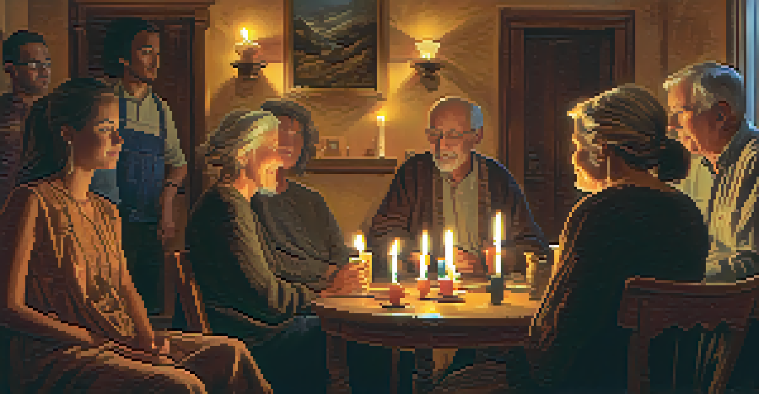 A candle-lit room where an elderly musician plays a string instrument, surrounded by attentive listeners, creating a warm and intimate atmosphere.