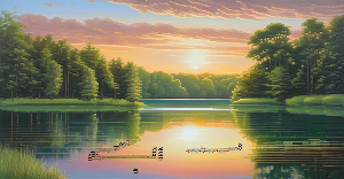 A tranquil lake at sunset with reflections of trees, accompanied by floating musical notes.