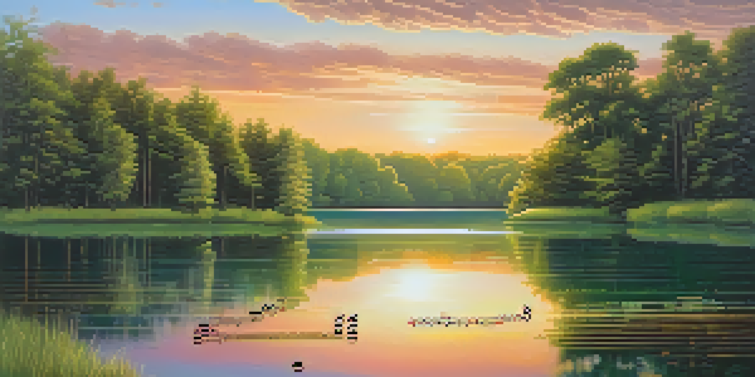 A tranquil lake at sunset with reflections of trees, accompanied by floating musical notes.