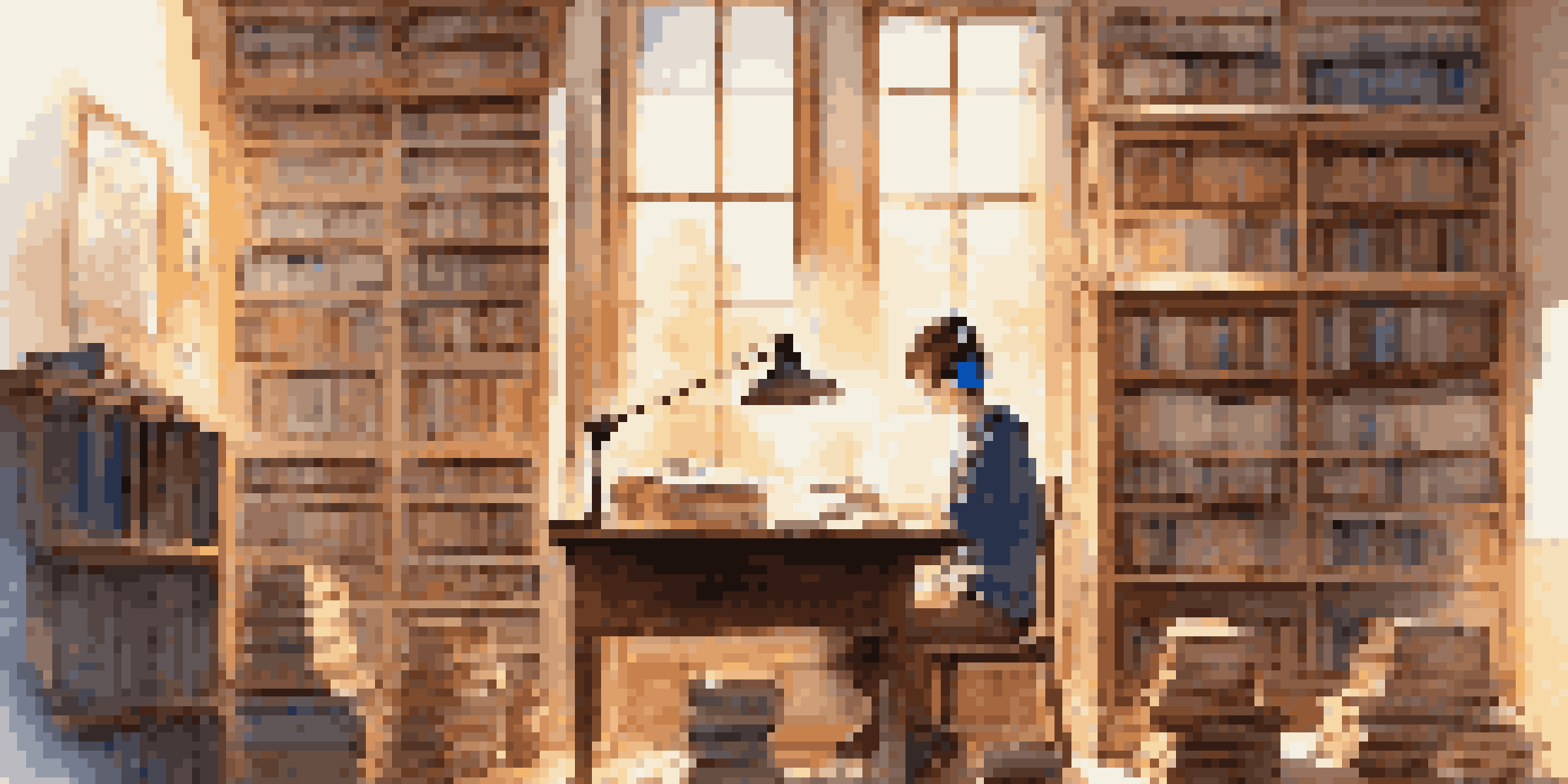 A student at a desk with headphones, studying with books and notes in a sunlit room.