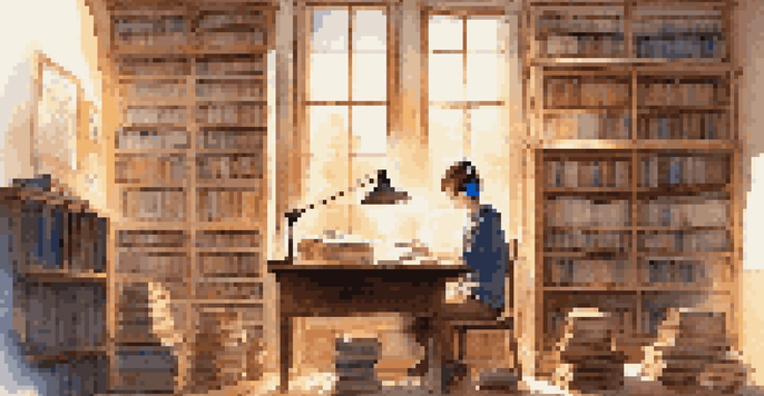 A student at a desk with headphones, studying with books and notes in a sunlit room.