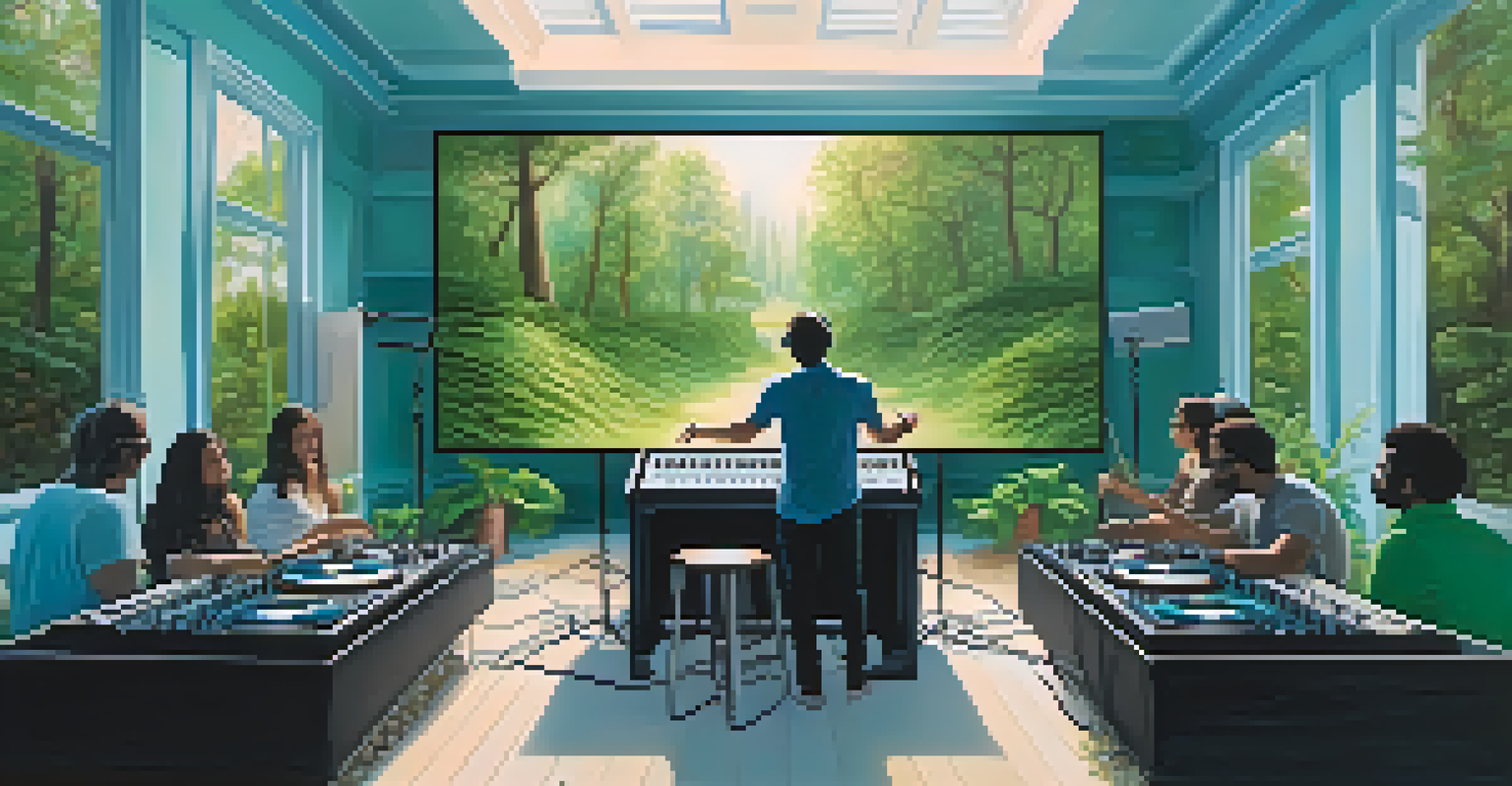 A DJ mixing music in a cozy venue with nature visuals, creating a serene atmosphere.