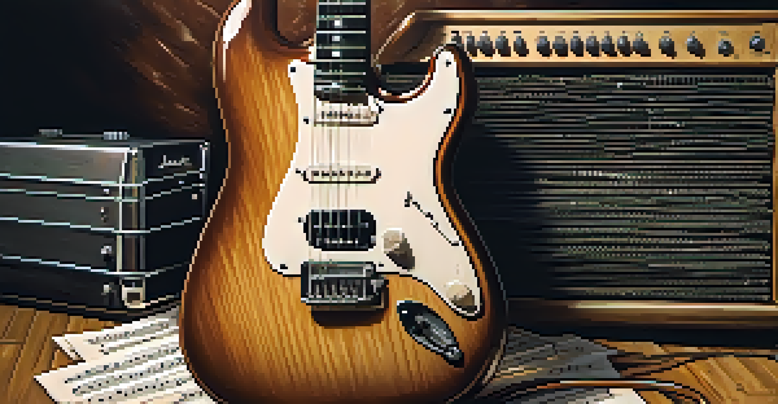 A vintage guitar resting against an amplifier in a cozy rehearsal space, surrounded by sheet music.