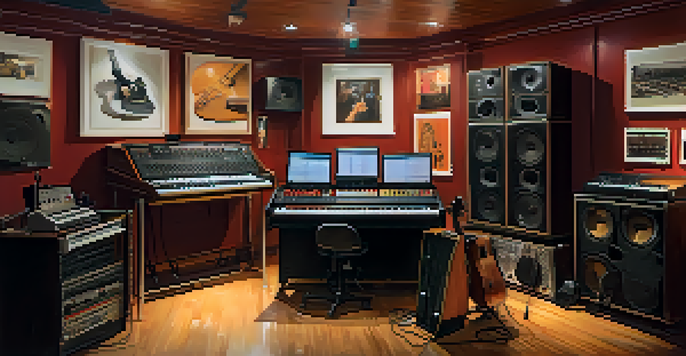 A modern music studio with various instruments and an artist adjusting sound levels on a mixing console.